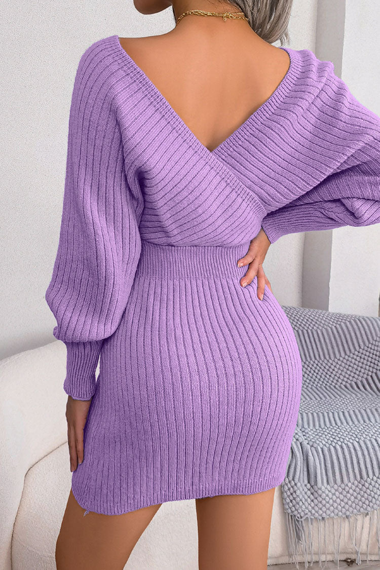 Sexy Winter Wrap V Neck Rib Knit Sweater Mini Dress - Purple