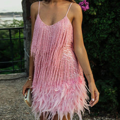 Shimmery Scoop Neck Sequin Fringe Feather Slip Flapper Mini Dress - Pink