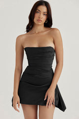 Silky Satin Pleated Trim Corset Strapless Party Mini Dress - Black
