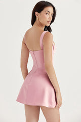 Silky Satin Square Neck Suspender Strap Party Mini Dress - Pink