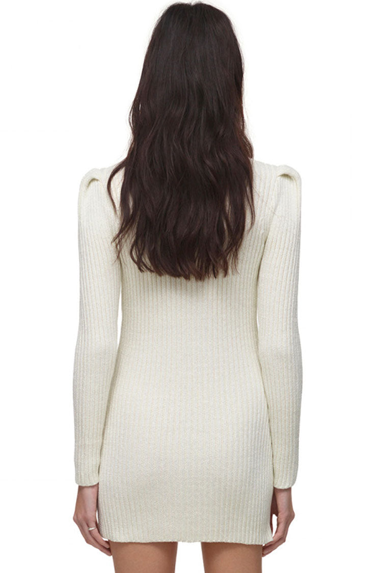 Sparkly Button Long Sleeve Winter Lurex Sweater Mini Dress - White