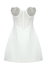 Sparkly Crystal Heart Shape Semi Sheer Strapless Party Mini Dress - White