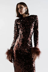 Sparkly Feather Trim Long Sleeve Velvet Sequin Midi Dress - Chocolate