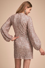 Sparkly Long Sleeve Round Neck Sequin Mini Dress - Gold