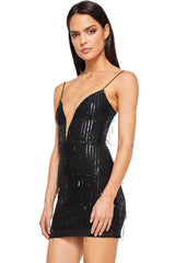 Sparkly Mesh Deep V Spaghetti Strap Sequin Fringe Mini Dress - Black