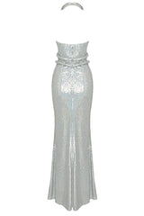 Sparkly Rhinestone Plunge Snake Halter Neck Sequin Maxi Dress - Silver