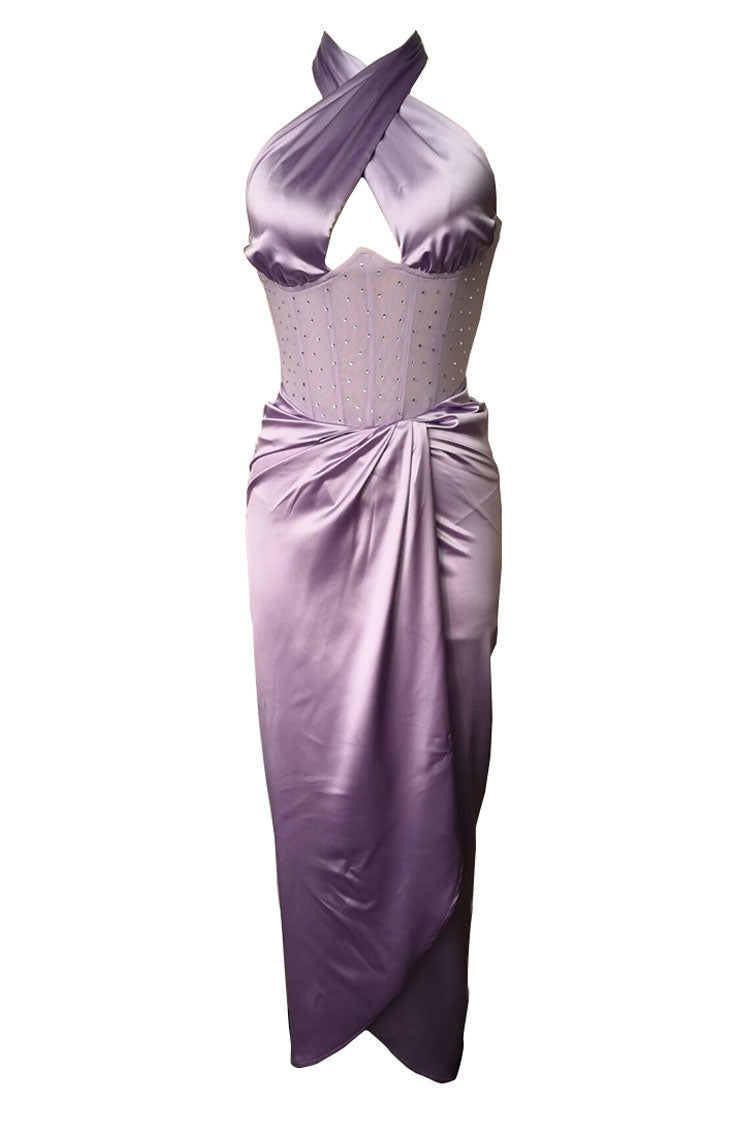 Sparkly Rhinestone Trim Corset Halter Split Evening Maxi Dress - Purple