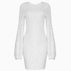 Sparkly Sequin Lacy Long Sleeve Party Mini Dress - White