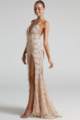 Sparkly Sequin Plunging High Split Backless Evening Maxi Dress - Champagne