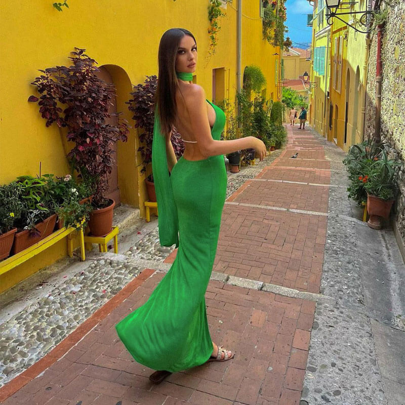 Stunning Draped Trim Low Back Sleeveless Split Formal Maxi Dress - Green