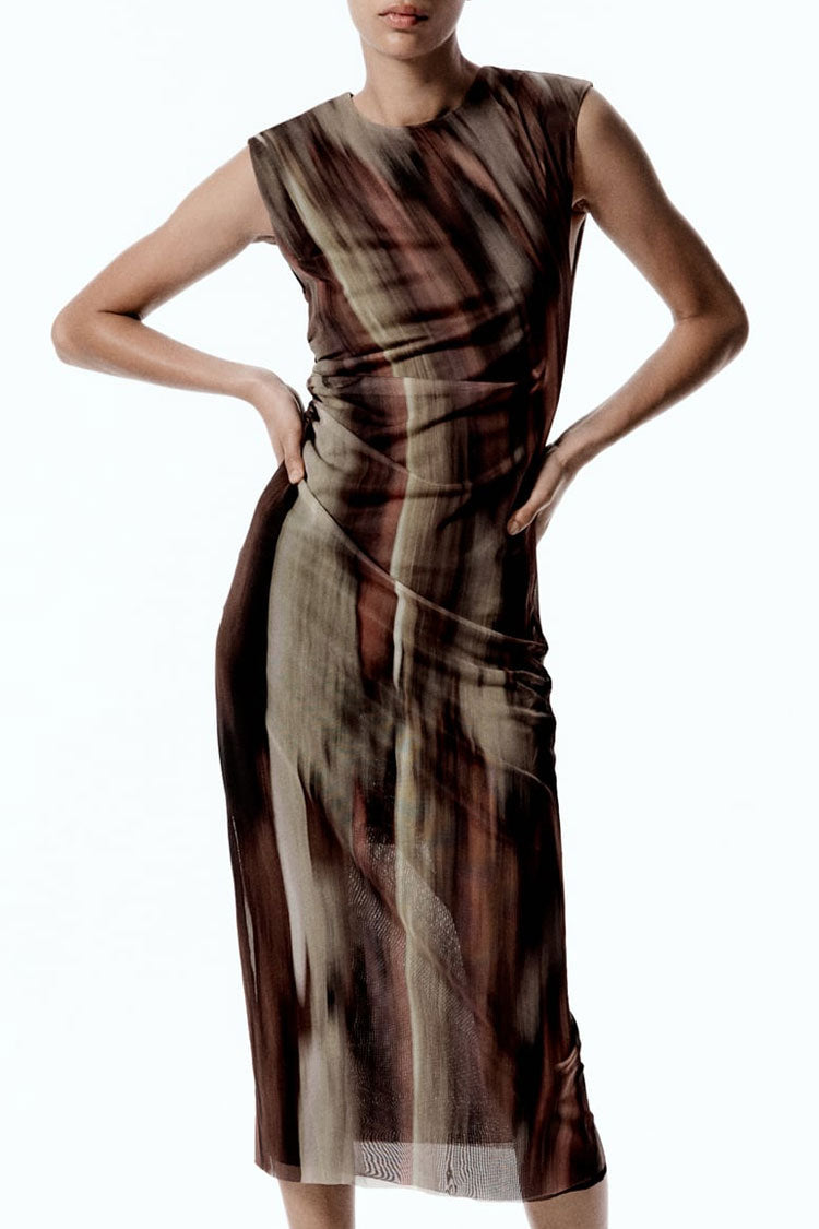 Stylish Printed Sleeveless Mesh Ruched Bodycon Midi Dress - Coffee