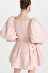 Sweet Ruched Knot Puff Sleeve Pleated Trim Cotton Blend Mini Dress - Pink