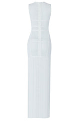 Swingy Fringe Round Neck Sheer Tulle Bandage Sleeveless Maxi Dress - White