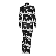 Trendy Cow Print Turtleneck Long Sleeve Bodycon Maxi Dress - Black
