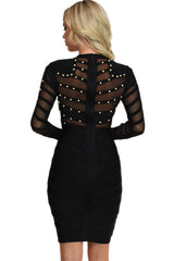 Trendy Studded Long Sleeve Mesh Bandage Cocktail Party Midi Dress - Black