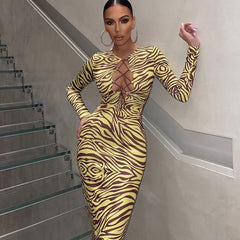 Unique Abstract Long Sleeve Tie Front Cut Out Midi Dress - Yellow