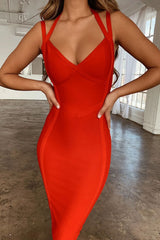 Unique Halter Bandage Bodycon Midi Cocktail Party Dress - Red